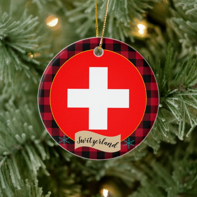 Switzerland, Red buffalo plaid & Swiss Flag Ceramic Ornament (Tree)