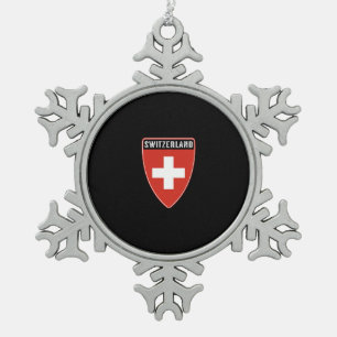 Switzerland Shield Snowflake Pewter Christmas Ornament