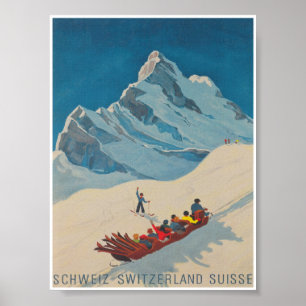 Switzerland Ski Sled Retro Vintage Travel Poster