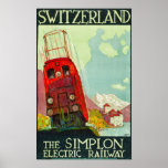 Switzerland Travel Poster, Electric Railway Poster<br><div class="desc">Switzerland Travel Poster (Swiss Federal Railways, Berne, 1925) Artist Daniele Buzzi was commissioned to create this beauty, a promotional poster championing the efficiency and comfort of Switzerland's Simplon Electric Railway. The Dents du Midi mountains, Lake Geneva, and the castle of Chillon in Montreux dot the background, as the Simplon rumbles...</div>