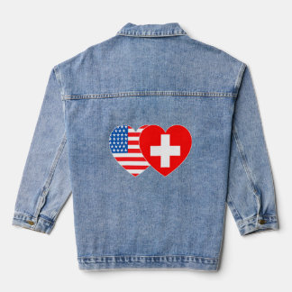 Switzerland USA Flag Twin Heart for Swiss American Denim Jacket