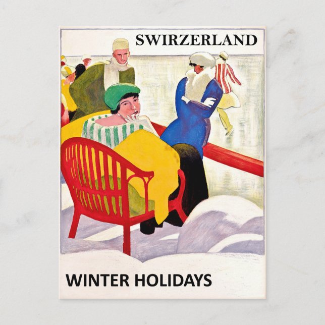 Switzerland, winter holidays, ice skating, vintage postcard (Front)