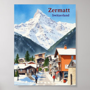 Switzerland Zermatt vintage vacation watercolor Poster