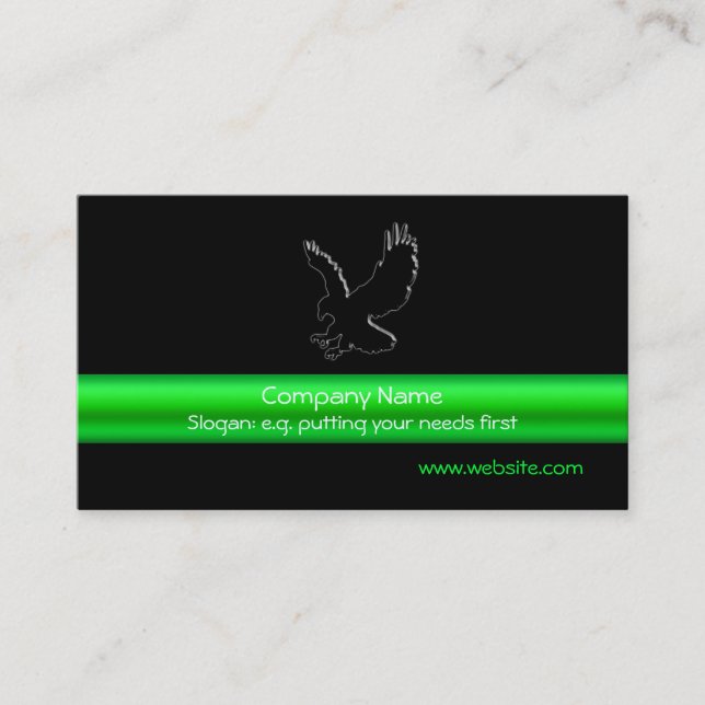 Swooping Black Eagle on black, green chrome-look Business Card (Front)