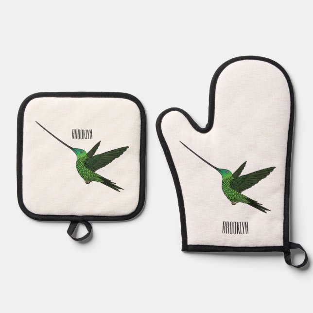 Sword-billed hummingbird cartoon illustration oven mitt & pot holder set (Front)