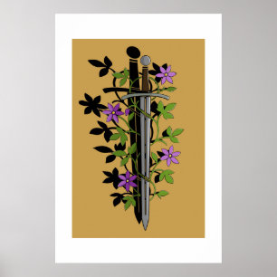 Sword & Clematis – Medieval Floral Blade  Poster