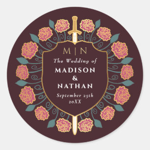 Sword & Shield Medieval Fantasy Monogram Wedding Classic Round Sticker