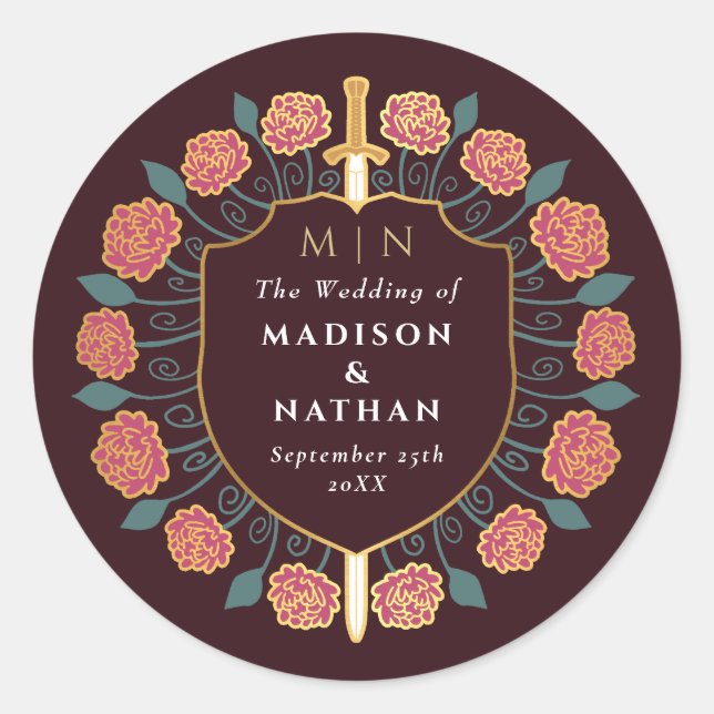 Sword & Shield Medieval Fantasy Monogram Wedding Classic Round Sticker (Front)