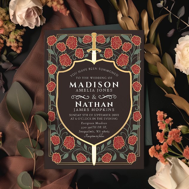 Sword & Shield Medieval Fantasy Monogram Wedding Invitation (Creator Uploaded)