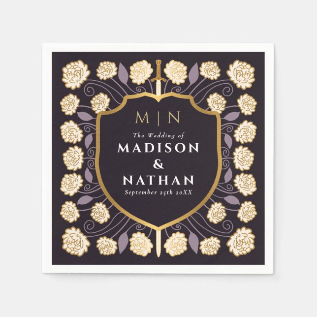 Sword & Shield Medieval Fantasy Monogram Wedding Napkin (Front)