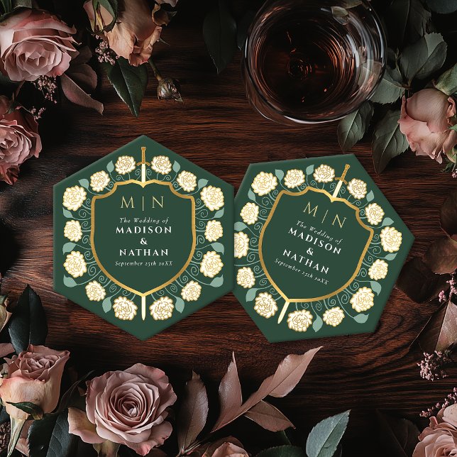 Sword & Shield Medieval Fantasy Monogram Wedding Paper Coaster (Creator Uploaded)