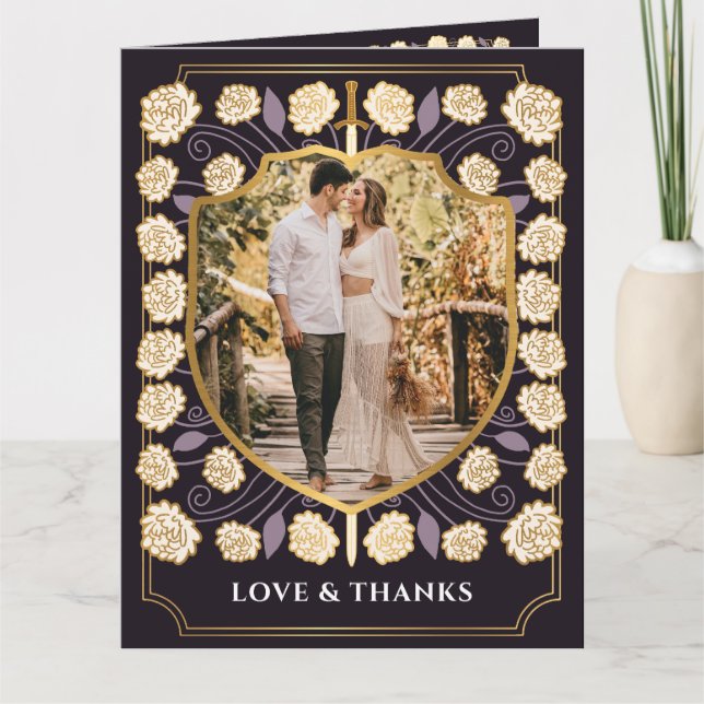 Sword Shield Medieval Fantasy Monogram Wedding Thank You Card (Front)