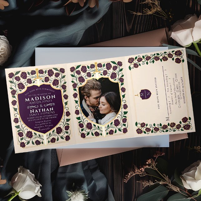 Sword & Shield Medieval Fantasy Monogram Wedding Tri-Fold Invitation (Creator Uploaded)