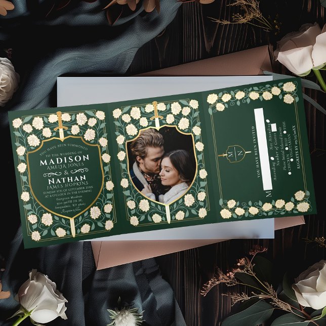 Sword & Shield Medieval Fantasy Wedding Green Tri-Fold Invitation (Creator Uploaded)