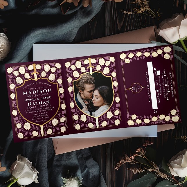 Sword & Shield Medieval Fantasy Wedding Red Tri-Fold Invitation (Creator Uploaded)