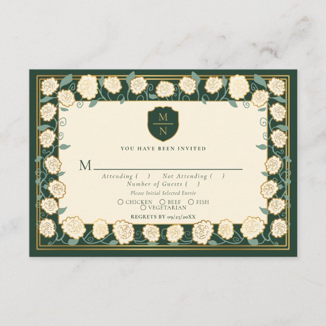 Sword & Shield Medieval Fantasy Wedding RSVP Green Enclosure Card (Front)