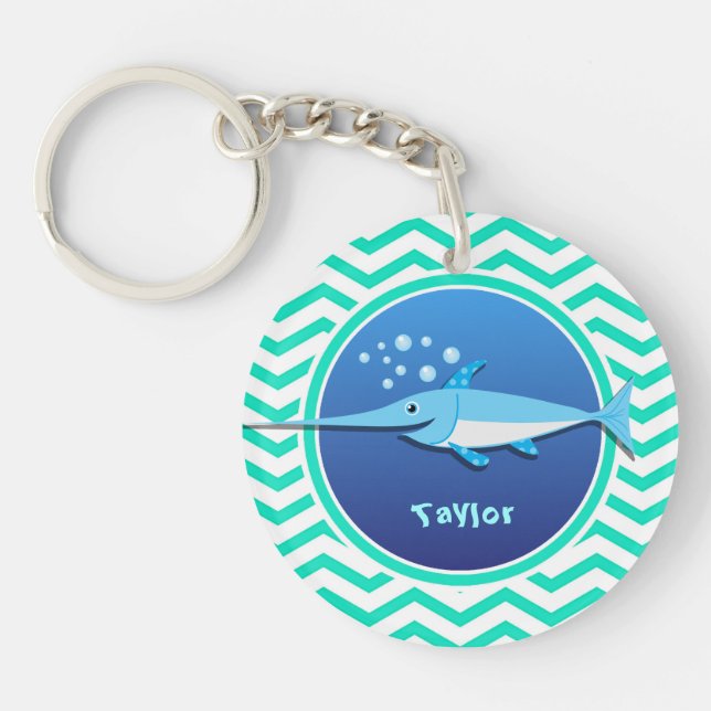 Swordfish; Aqua Green Chevron Keychain (Front)