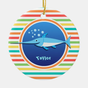 Swordfish; Bright Rainbow Stripes Ceramic Ornament