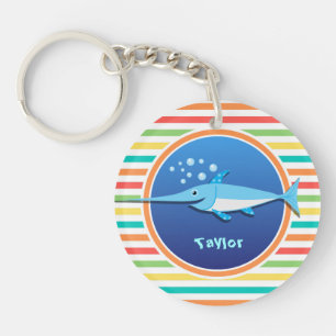Swordfish; Bright Rainbow Stripes Keychain