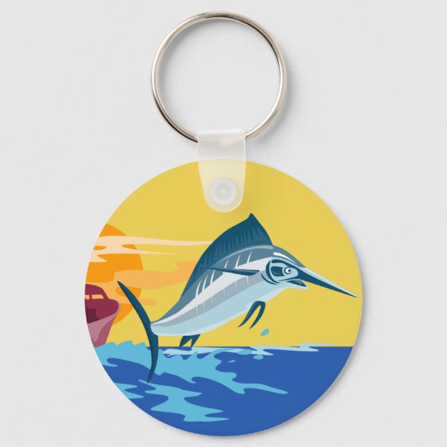 swordfish jumping with fishing boat keychain (Front)