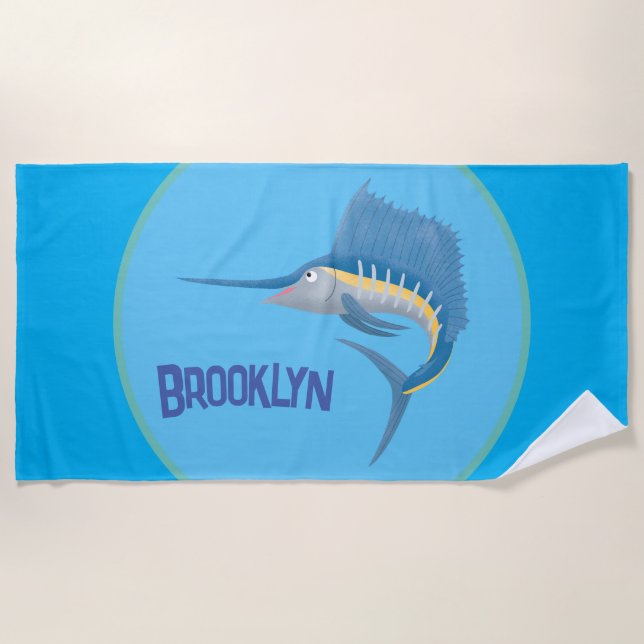 Swordfish sailfish fun cartoon illustration beach towel (Front)