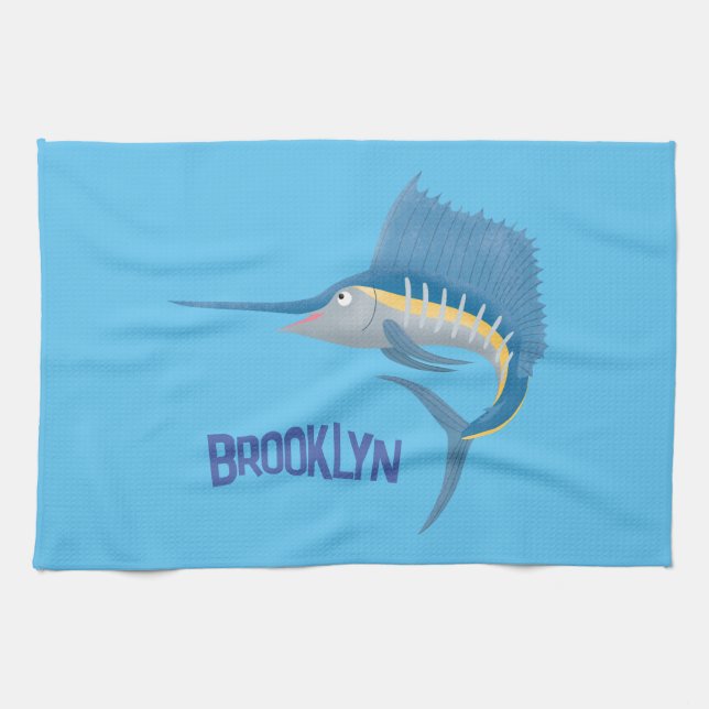 Swordfish sailfish fun cartoon illustration kitchen towel (Horizontal)