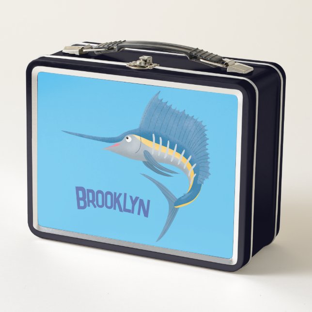 Swordfish sailfish fun cartoon illustration metal lunch box (Front)