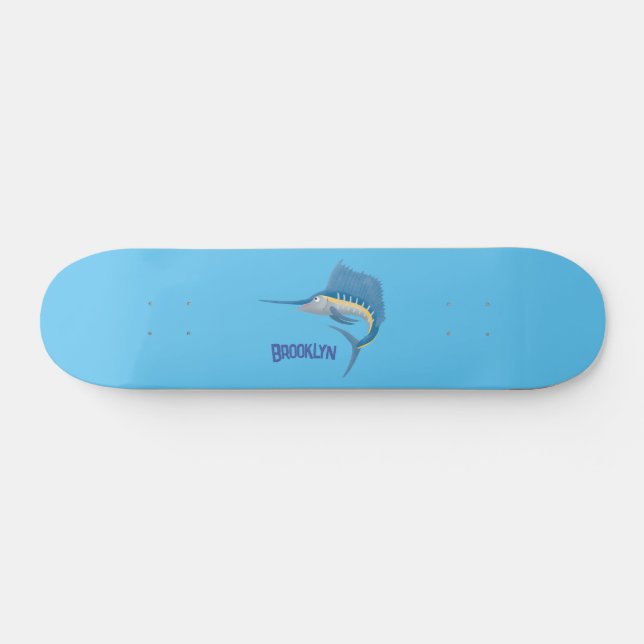 Swordfish sailfish fun cartoon illustration skateboard (Horz)
