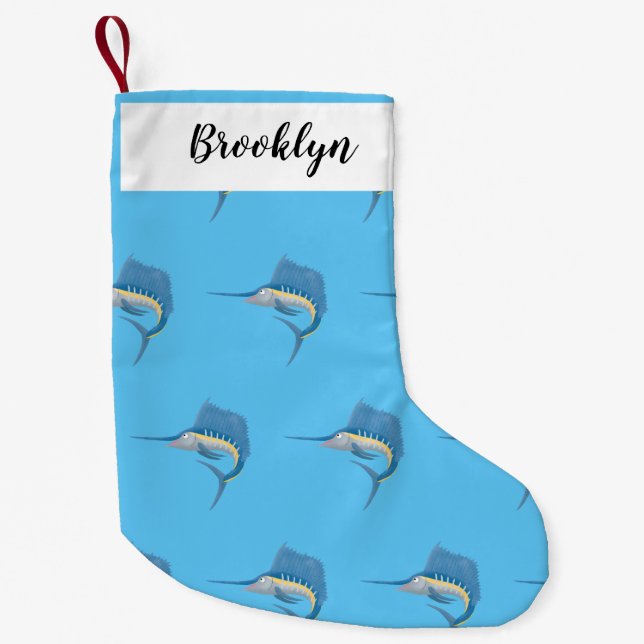 Swordfish sailfish fun cartoon illustration small christmas stocking (Front)