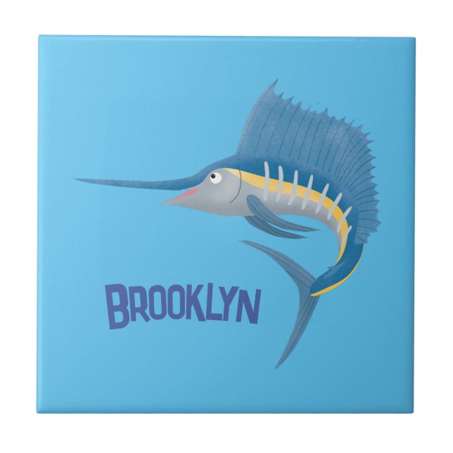 Swordfish sailfish fun cartoon illustration tile (Front)