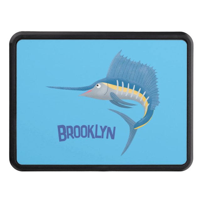 Swordfish sailfish fun cartoon illustration trailer hitch cover (Front)