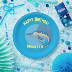 Swordfish sailfish personalized birthday cartoon  paper plate