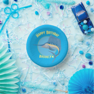 Swordfish sailfish personalized birthday cartoon  paper plate