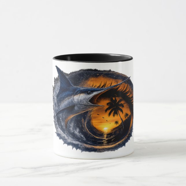 Swordfish Sunset Wave – Surreal Tropical Ocean Art Mug (Center)