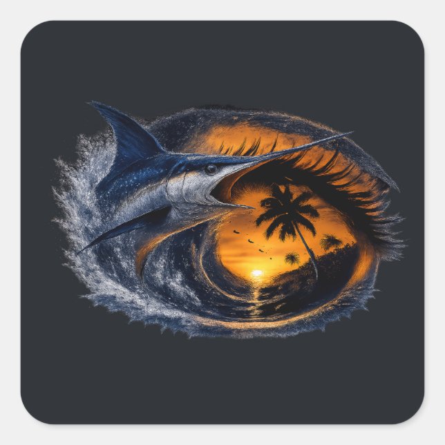 Swordfish Sunset Wave – Surreal Tropical Ocean Art Square Sticker (Front)