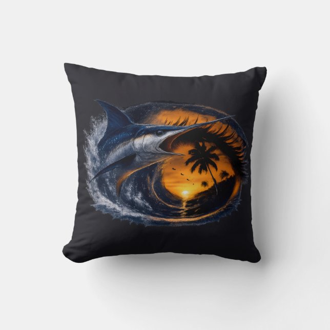 Swordfish Sunset Wave – Surreal Tropical Ocean Art Throw Pillow (Front)
