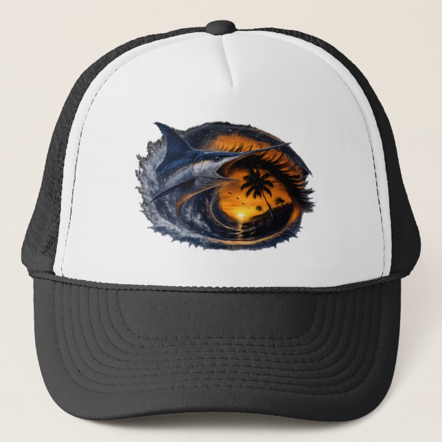 Swordfish Sunset Wave – Surreal Tropical Ocean Art Trucker Hat (Front)