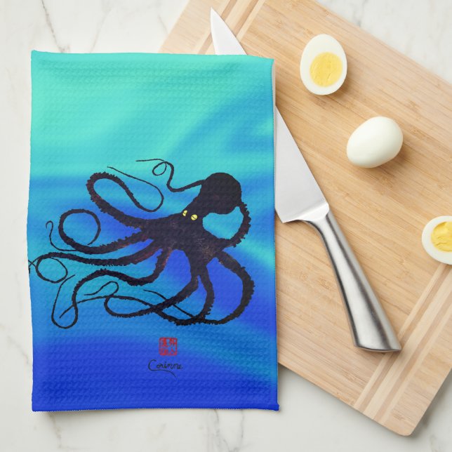 Sybille's Octopus On Blue Green - Kitchen Towel (Quarter Fold)