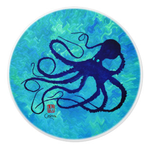 Sybille's Octopus On Blue R - Ceramic Knob