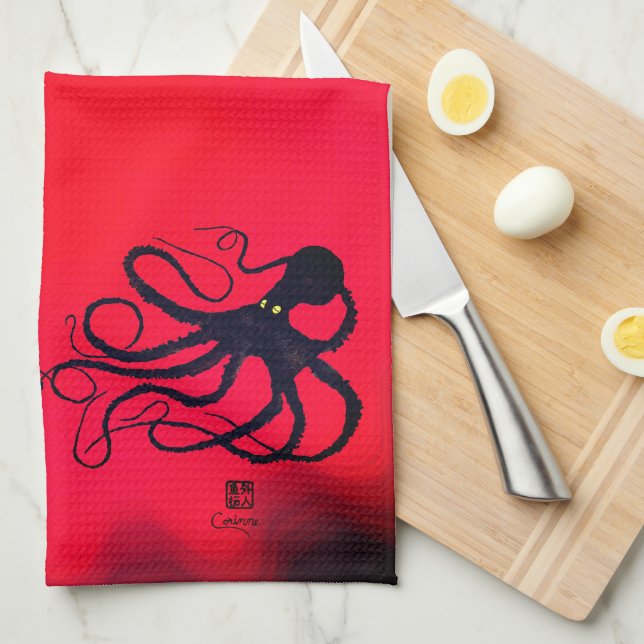Sybille's Octopus On Red - Kitchen Towel (Quarter Fold)