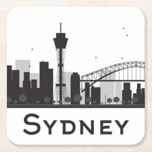 Sydney, Australia Black & White City Skyline Square Paper Coaster