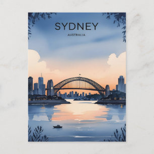 Sydney Australia Skyline Sunset Retro Travel Postcard