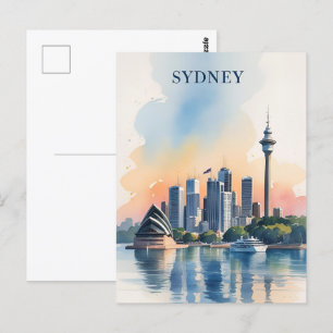 Sydney Australia Skyline watercolor Travel Postcard