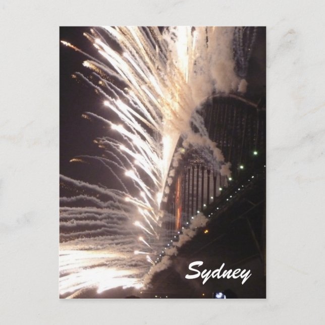 sydney bridge fireworks white holiday postcard (Front)