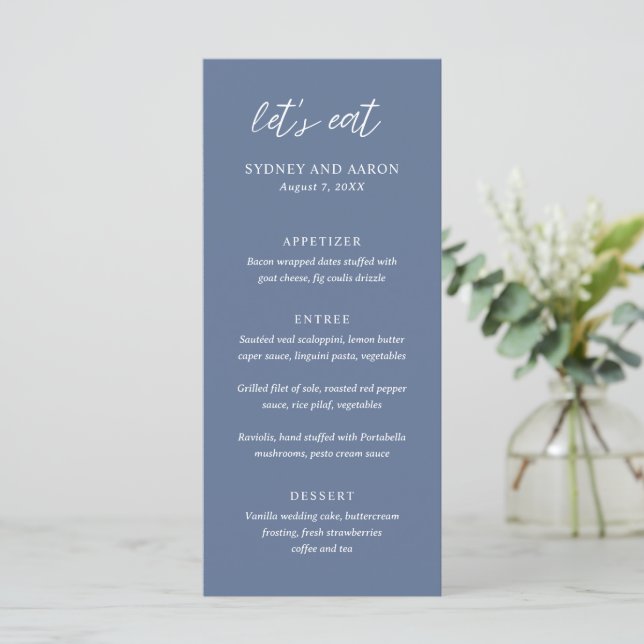 Sydney Dusty Blue Modern Wedding Menu (Standing Front)
