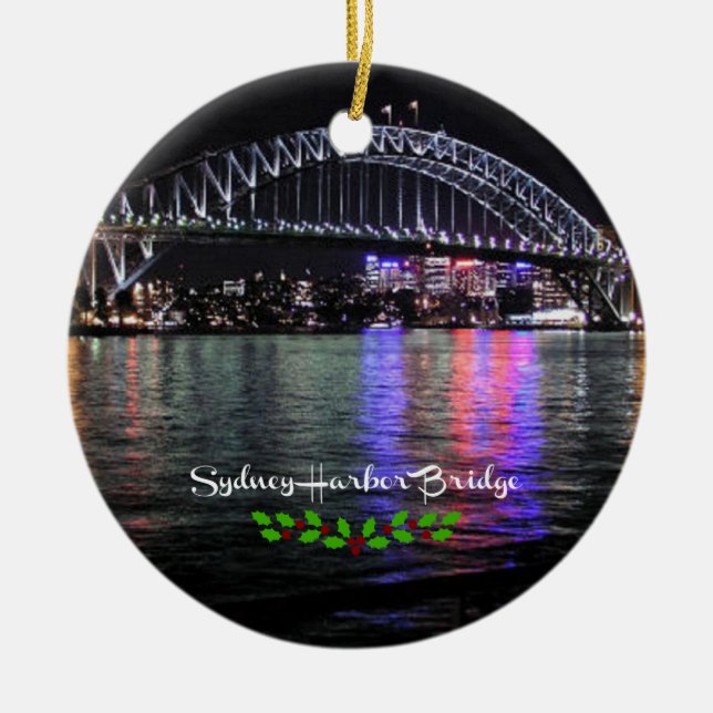Sydney Harbour Bridge, labelled, Christmas holly Ceramic Ornament (Front)