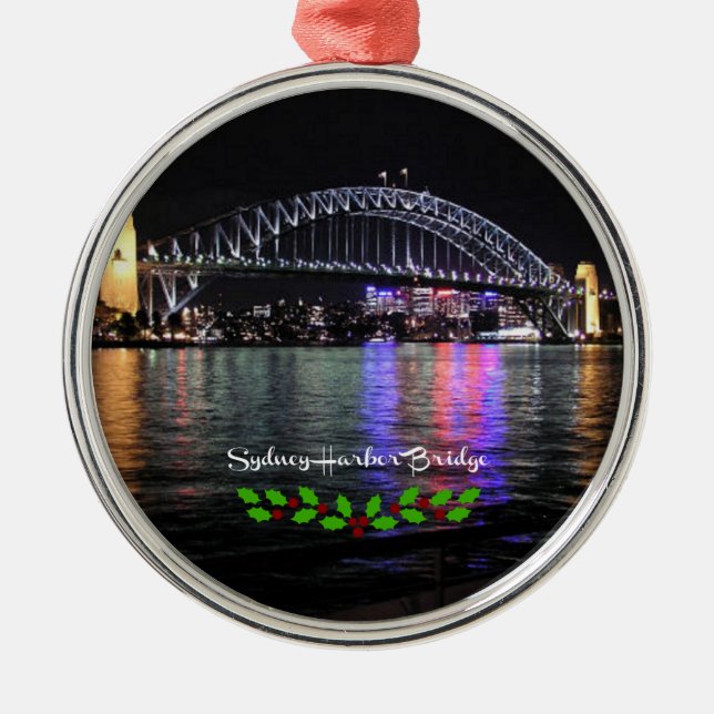 Sydney Harbour Bridge, labelled, Christmas holly Metal Ornament (Front)