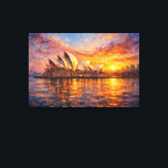 Sydney Opera House Sunset Knife Oil Painting Canvas Print<br><div class="desc">A breathtaking artistic interpretation of the iconic Sydney Opera House, beautifully illuminated by a glowing sunset over Sydney Harbour in Sydney, Australia. This expressive artwork blends palette knife texture with classic oil painting techniques, creating rich layers of color and movement. Warm golden, copper, and orange tones of the sunset contrast...</div>