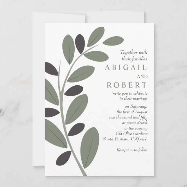 Sylized Olive branch Mediterranean style wedding Invitation (Front)