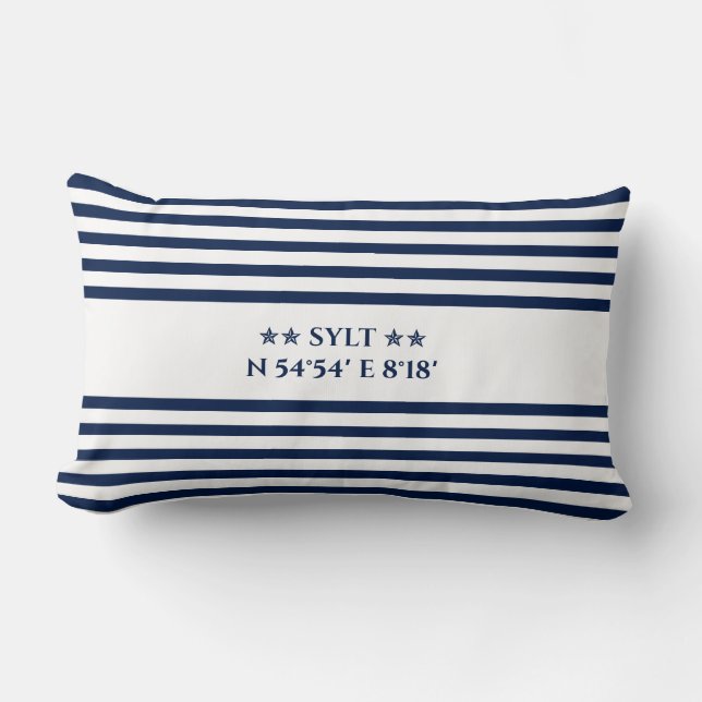 Sylt Nautical Coordinates – Blue & White Striped Lumbar Pillow (Front)